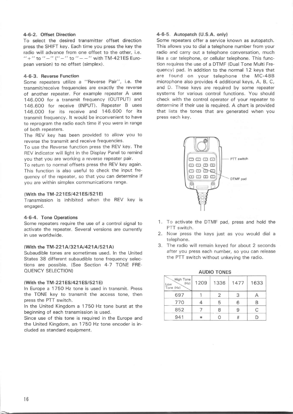 6-2. offset direction, 6-3. reverse function, With the tm-221es/421es/521e) | 6-4. tone operations, With the tm-221a/321a/421a/521a), 6-5. autopatch (u.s.a. only) | Kenwood TM-521E User Manual | Page 16 / 29