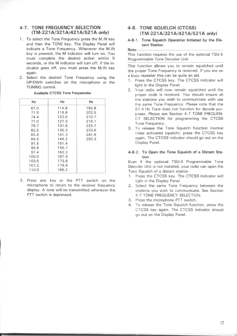 7. tone frequency selection, Tm-221a/321a/421a/521a only), 8. tone squelch (ctcss) | 8-2. to open the tone squelch of a distant station, Tone squelch (ctcss) | Kenwood TM-521E User Manual | Page 17 / 29