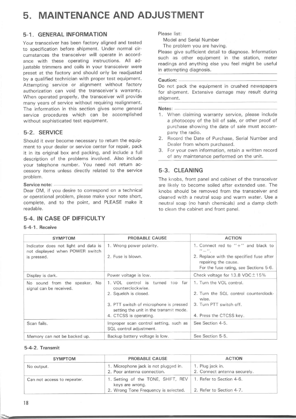 Maintenance and adjustment, 1. general information, 2. service | 4. in case of difficulty, 3. cleaning, General information | Kenwood TM-521E User Manual | Page 18 / 29