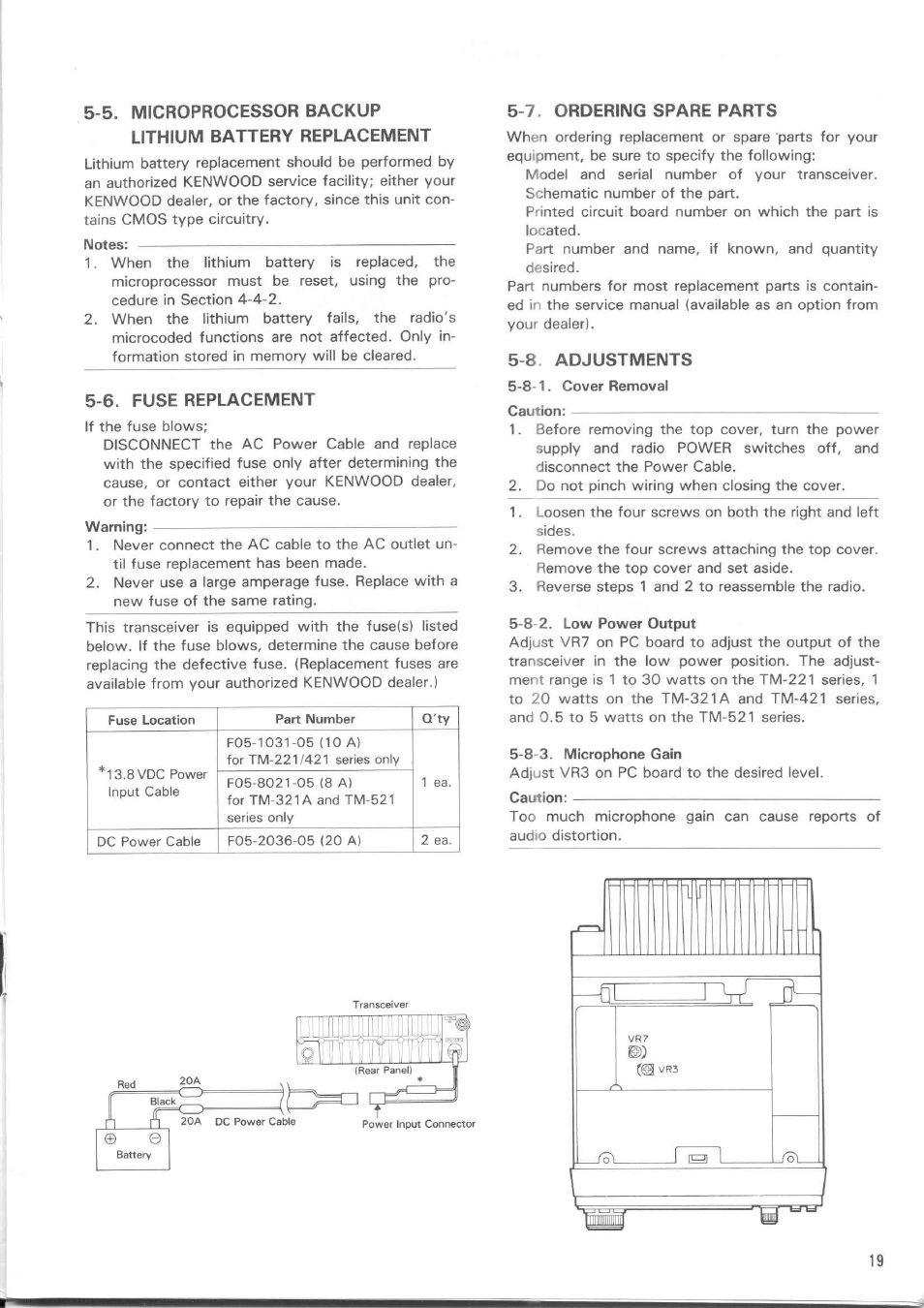 5. microprocessor backup, Lithium battery replacement, 7. ordering spare parts | 6. fuse replacement, 8. adjustments, Battery replacement, 7. ordering spare parts 5, Adjustments | Kenwood TM-521E User Manual | Page 19 / 29
