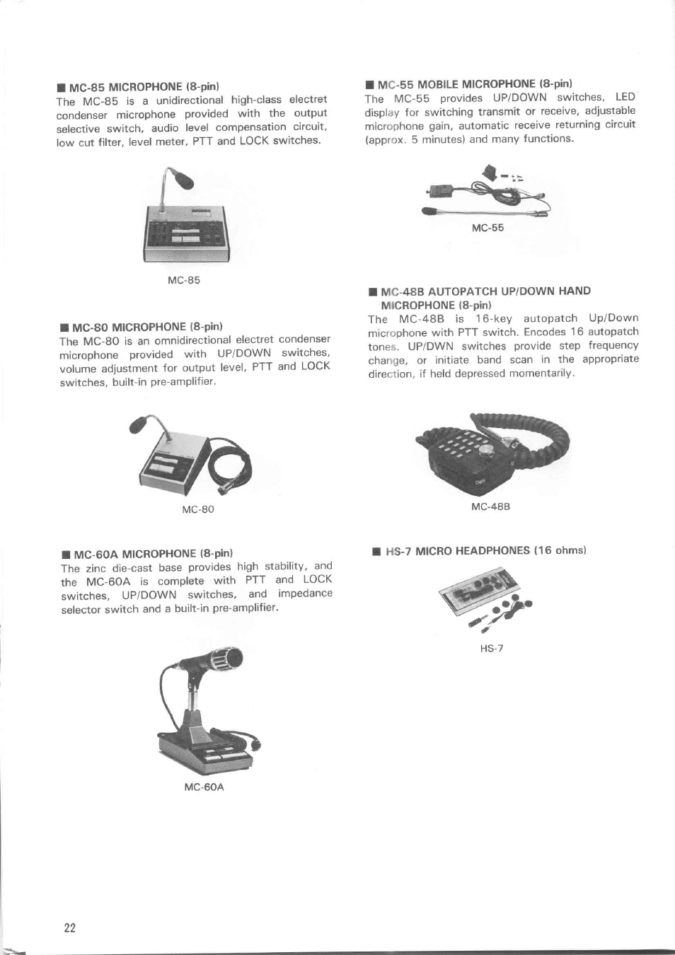 Mc-85 microphone (8-pin), Mc-55 mobile microphone (8-pin), Mc-80 microphone (8-pin) | Mc-48b autopatch up/down hand microphone (8-pin), Mc-60a microphone (8-pin) | Kenwood TM-521E User Manual | Page 22 / 29