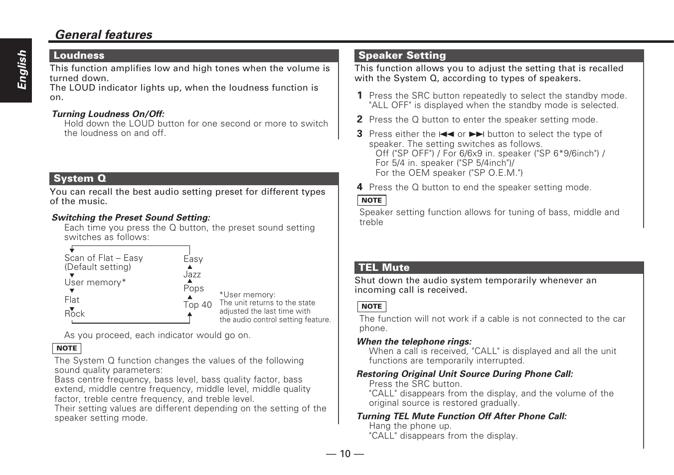 Loudness, System q, Speaker setting | Tel mute, General features, English | Kenwood KDC-V7090R EN User Manual | Page 10 / 48