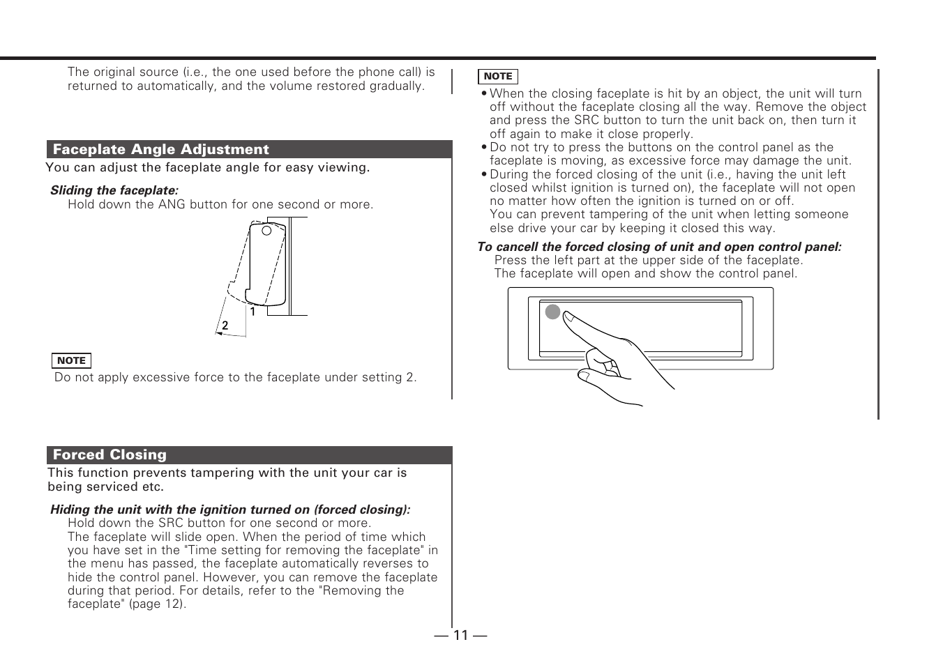 Faceplate angle adjustment, Forced closing | Kenwood KDC-V7090R EN User Manual | Page 11 / 48