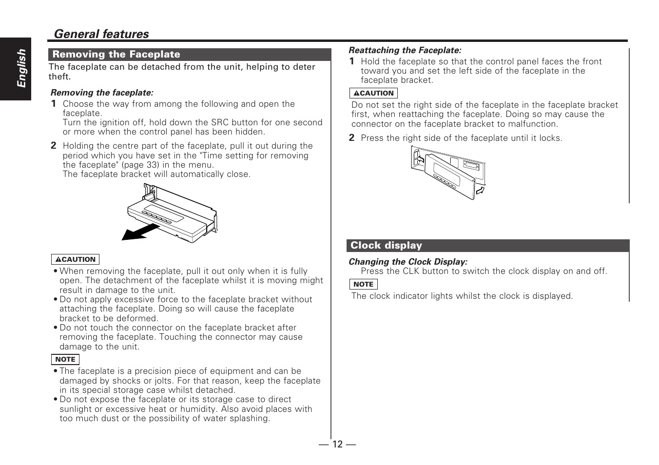 Removing the faceplate, Clock display, General features | English | Kenwood KDC-V7090R EN User Manual | Page 12 / 48