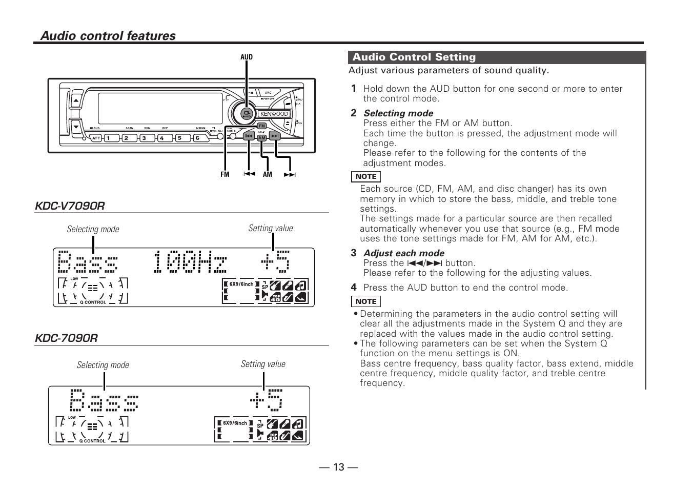 Audio control features, Audio control setting | Kenwood KDC-V7090R EN User Manual | Page 13 / 48