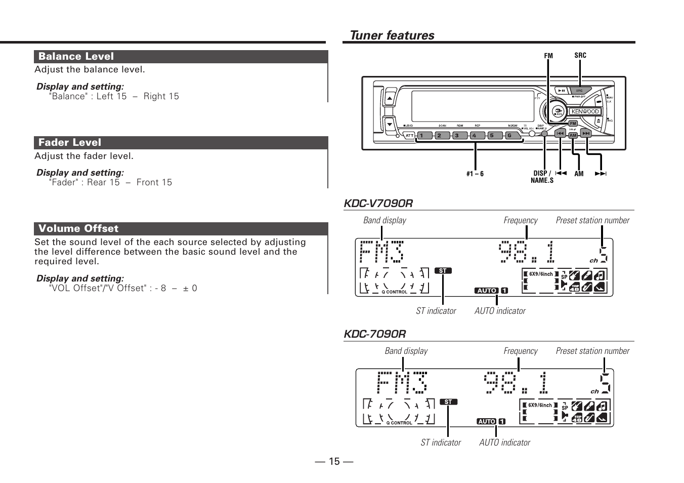 Balance level, Fader level, Volume offset | Tuner features | Kenwood KDC-V7090R EN User Manual | Page 15 / 48