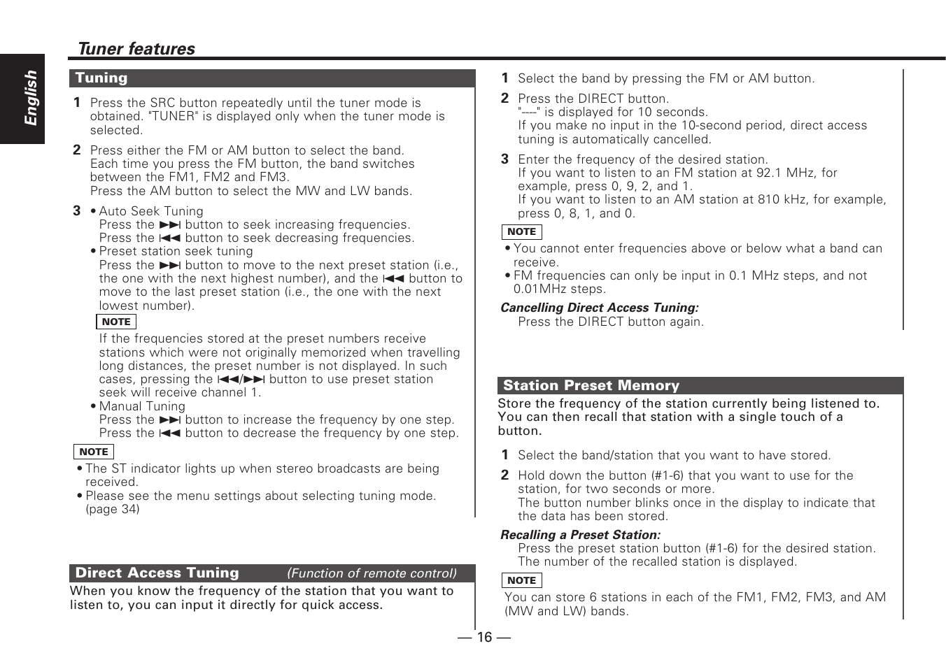 Tuning, Direct access tuning, Station preset memory | Tuner features, English | Kenwood KDC-V7090R EN User Manual | Page 16 / 48