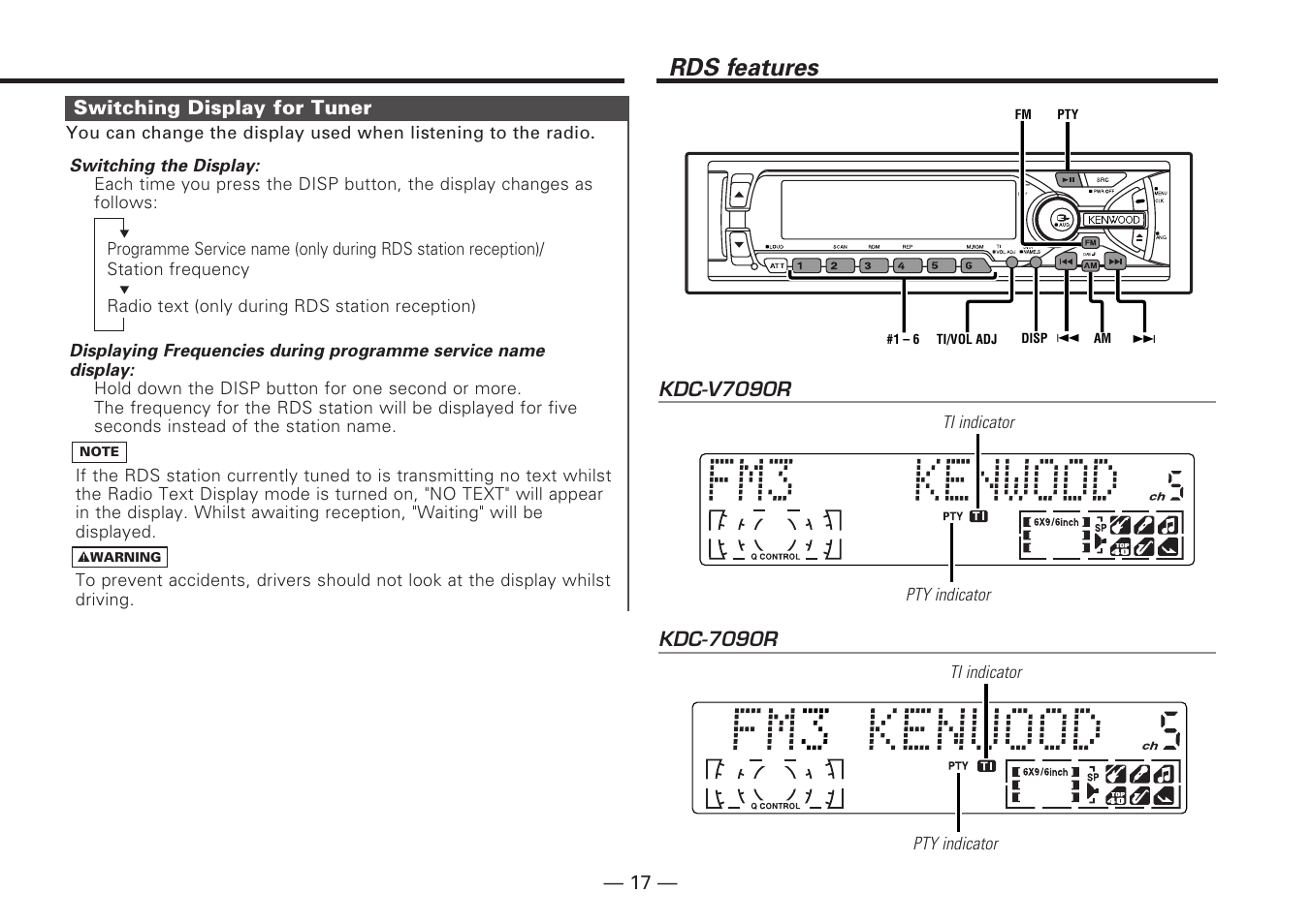 Switching display for tuner, Rds features | Kenwood KDC-V7090R EN User Manual | Page 17 / 48