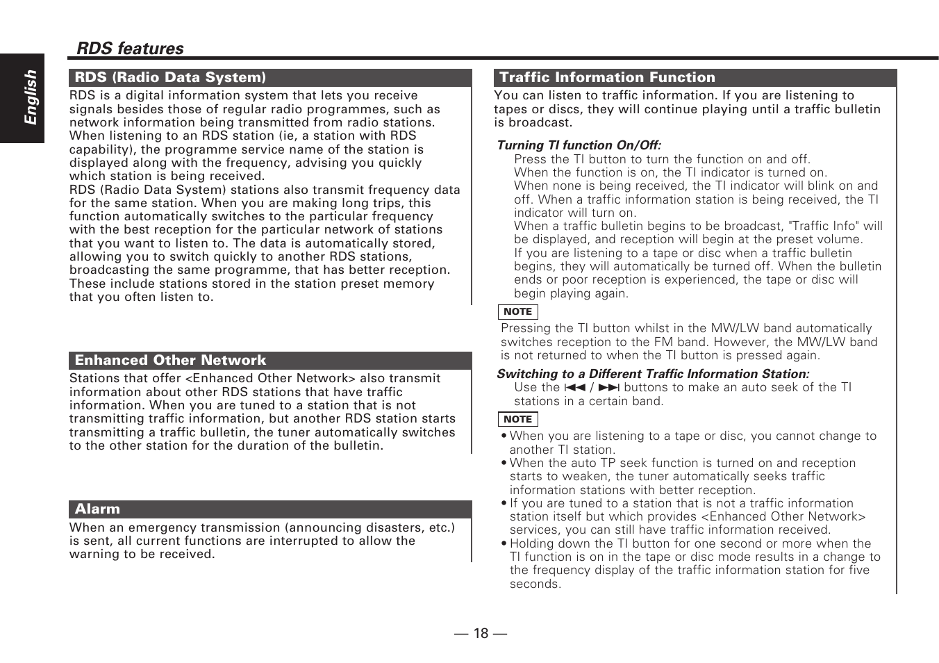 Rds (radio data system), Enhanced other network, Alarm | Traffic information function, Rds features | Kenwood KDC-V7090R EN User Manual | Page 18 / 48