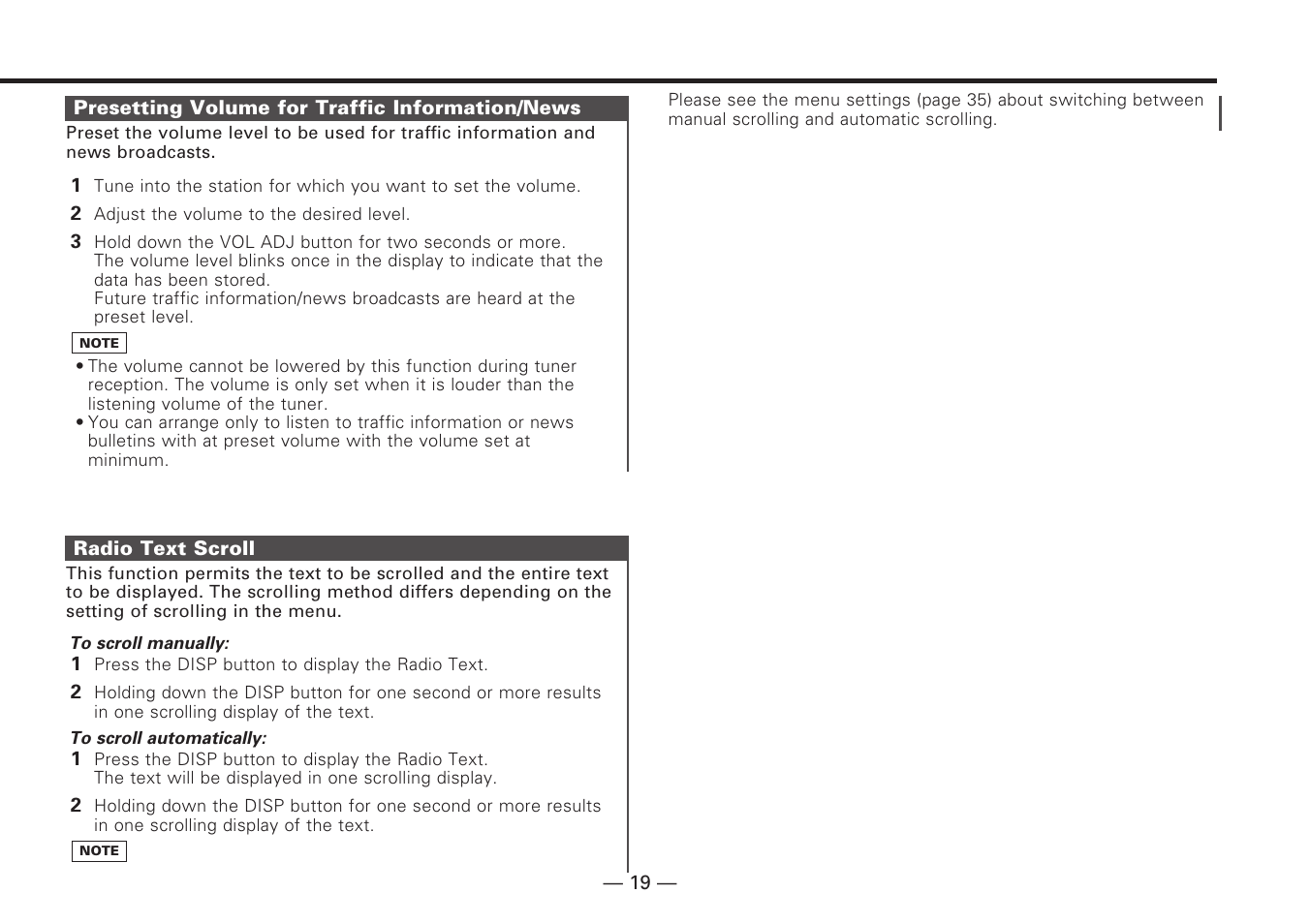 Presetting volume for traffic information/news, Radio text scroll | Kenwood KDC-V7090R EN User Manual | Page 19 / 48