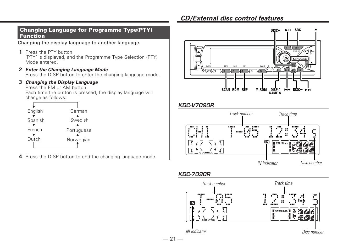 Changing language for programme type(pty)function, Cd/external disc control features | Kenwood KDC-V7090R EN User Manual | Page 21 / 48