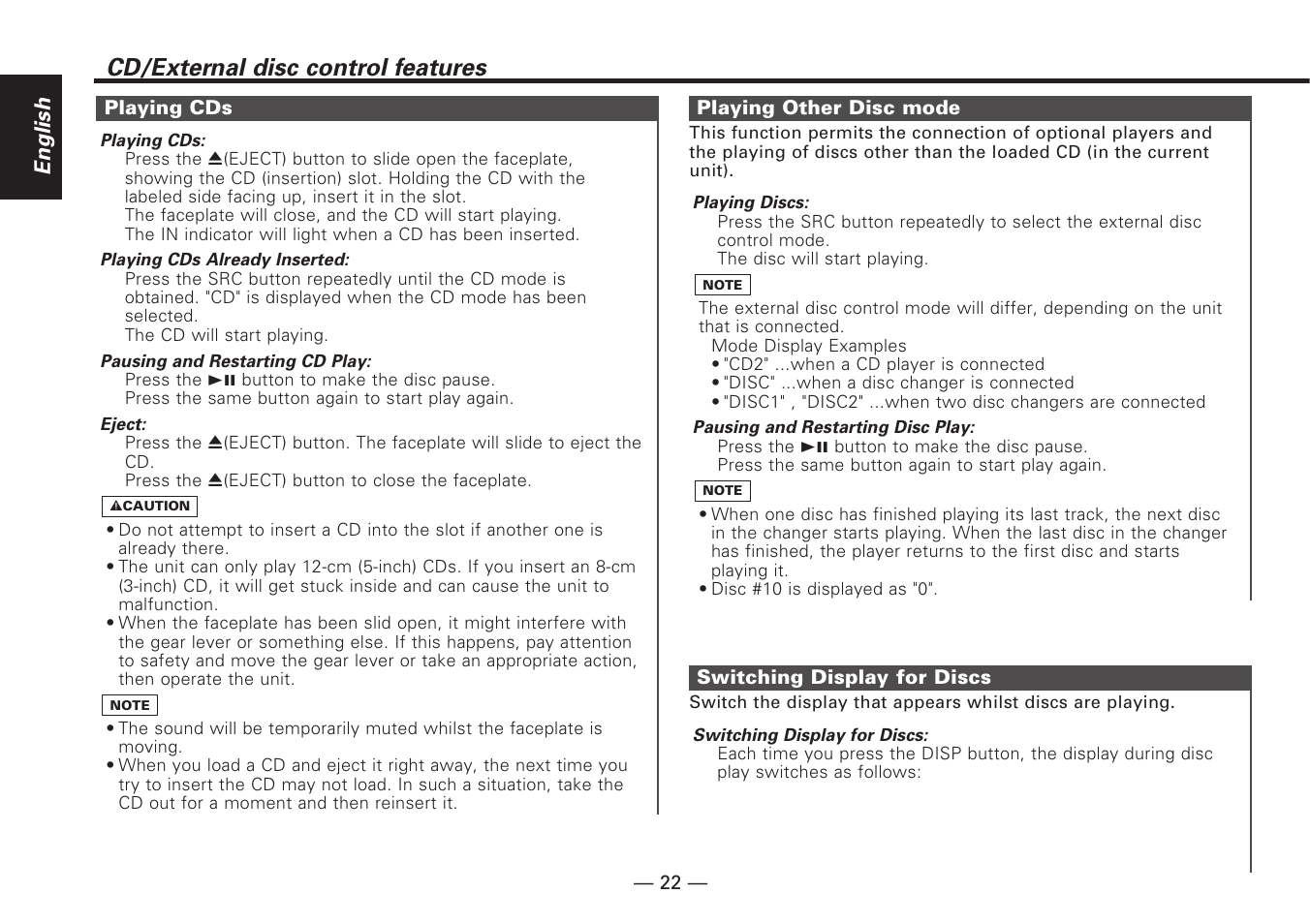 Playing cds, Playing other disc mode, Switching display for discs | Cd/external disc control features, English | Kenwood KDC-V7090R EN User Manual | Page 22 / 48