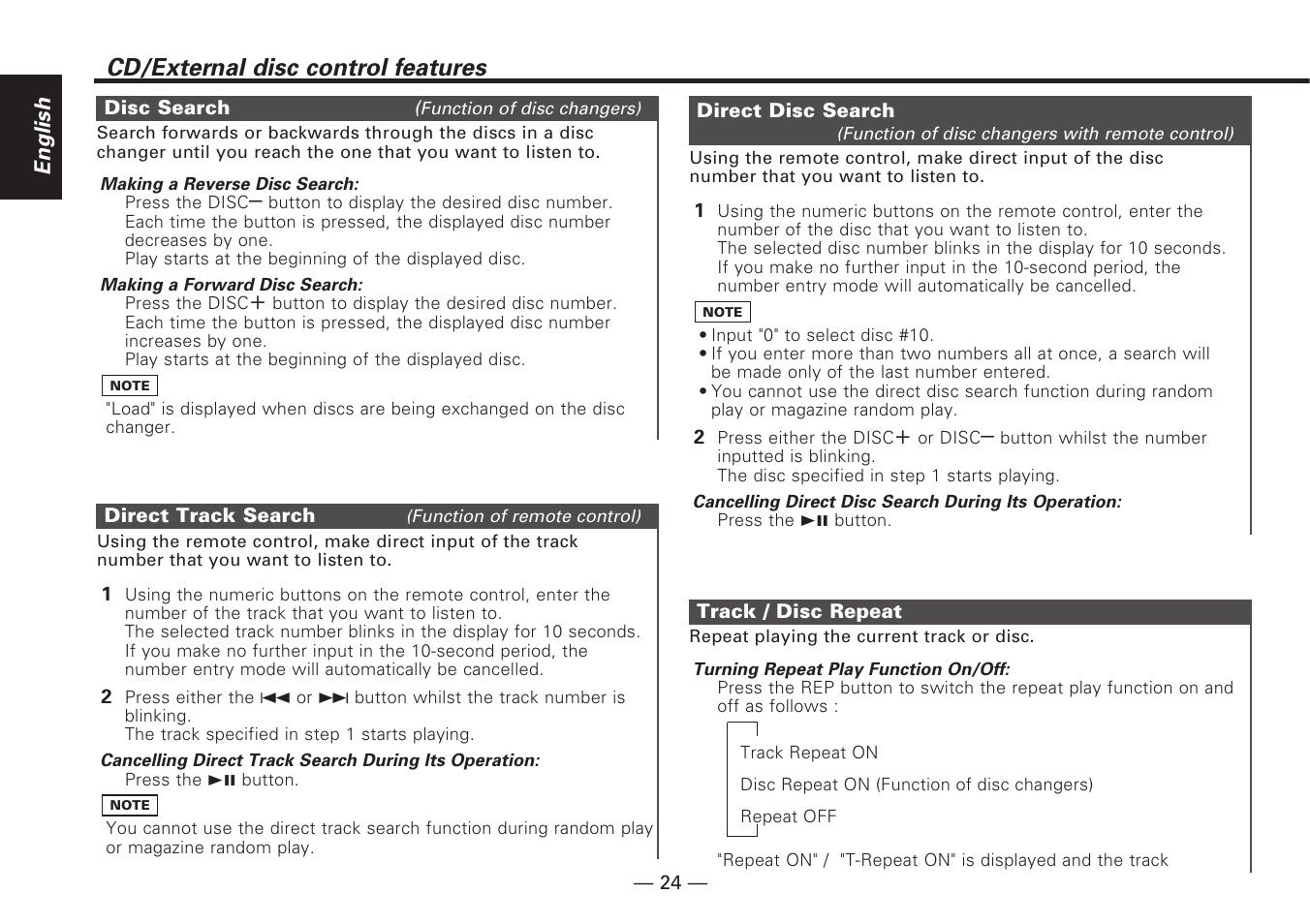 Disc search, Direct track search, Direct disc search | Track / disc repeat, Cd/external disc control features | Kenwood KDC-V7090R EN User Manual | Page 24 / 48