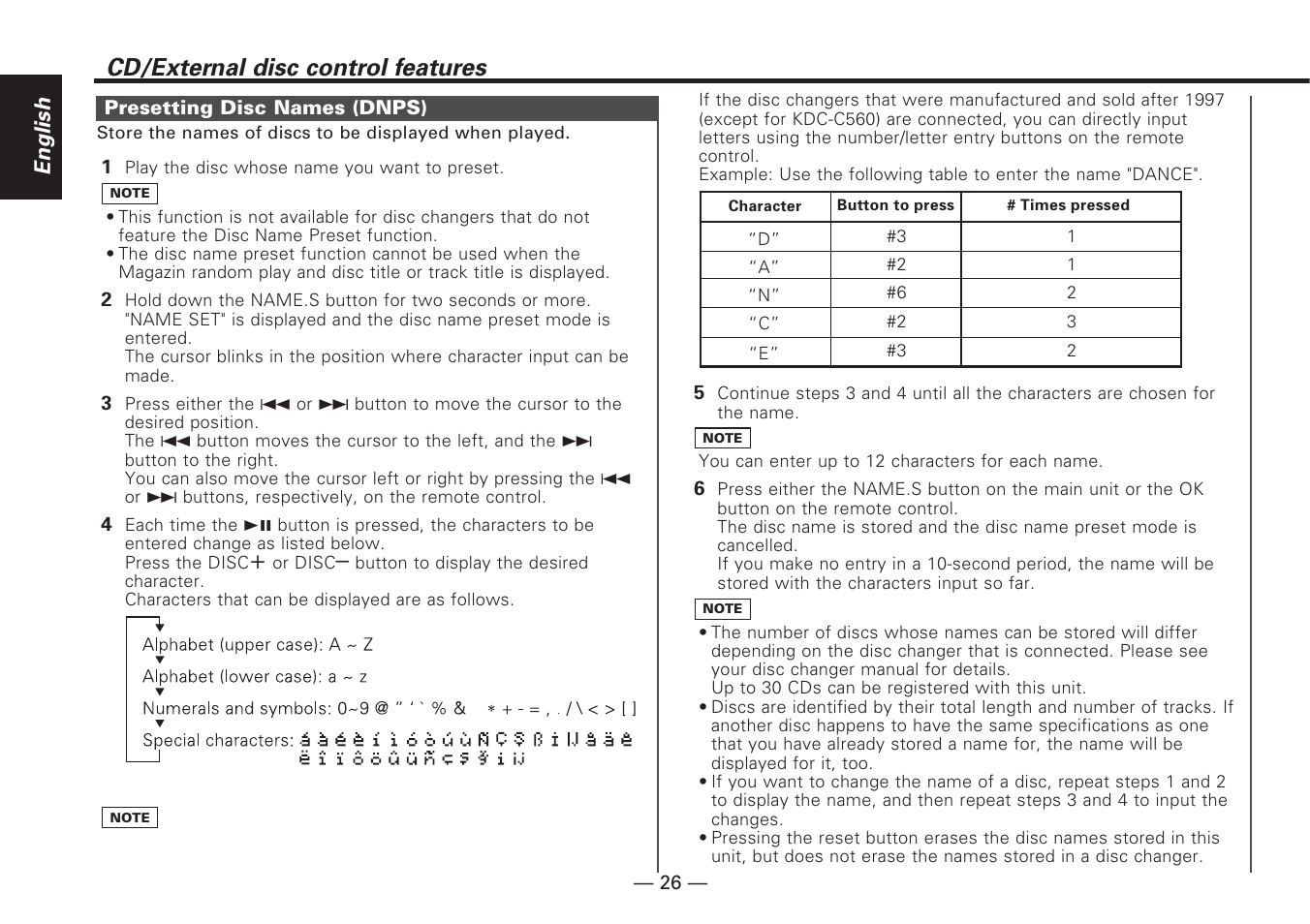 Presetting disc names (dnps), Cd/external disc control features, English | Kenwood KDC-V7090R EN User Manual | Page 26 / 48