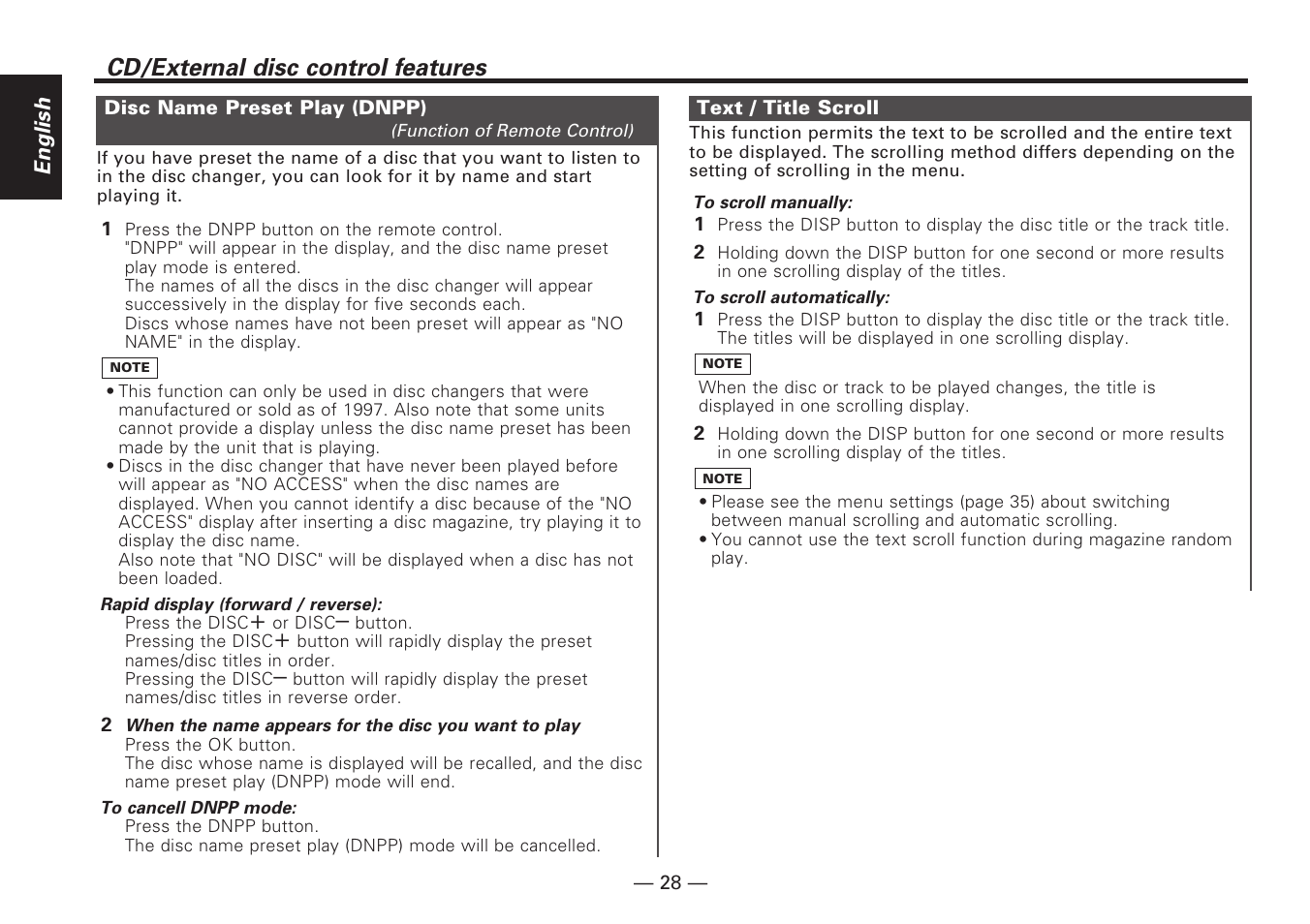 Disc name preset play (dnpp), Text / title scroll, Cd/external disc control features | Kenwood KDC-V7090R EN User Manual | Page 28 / 48