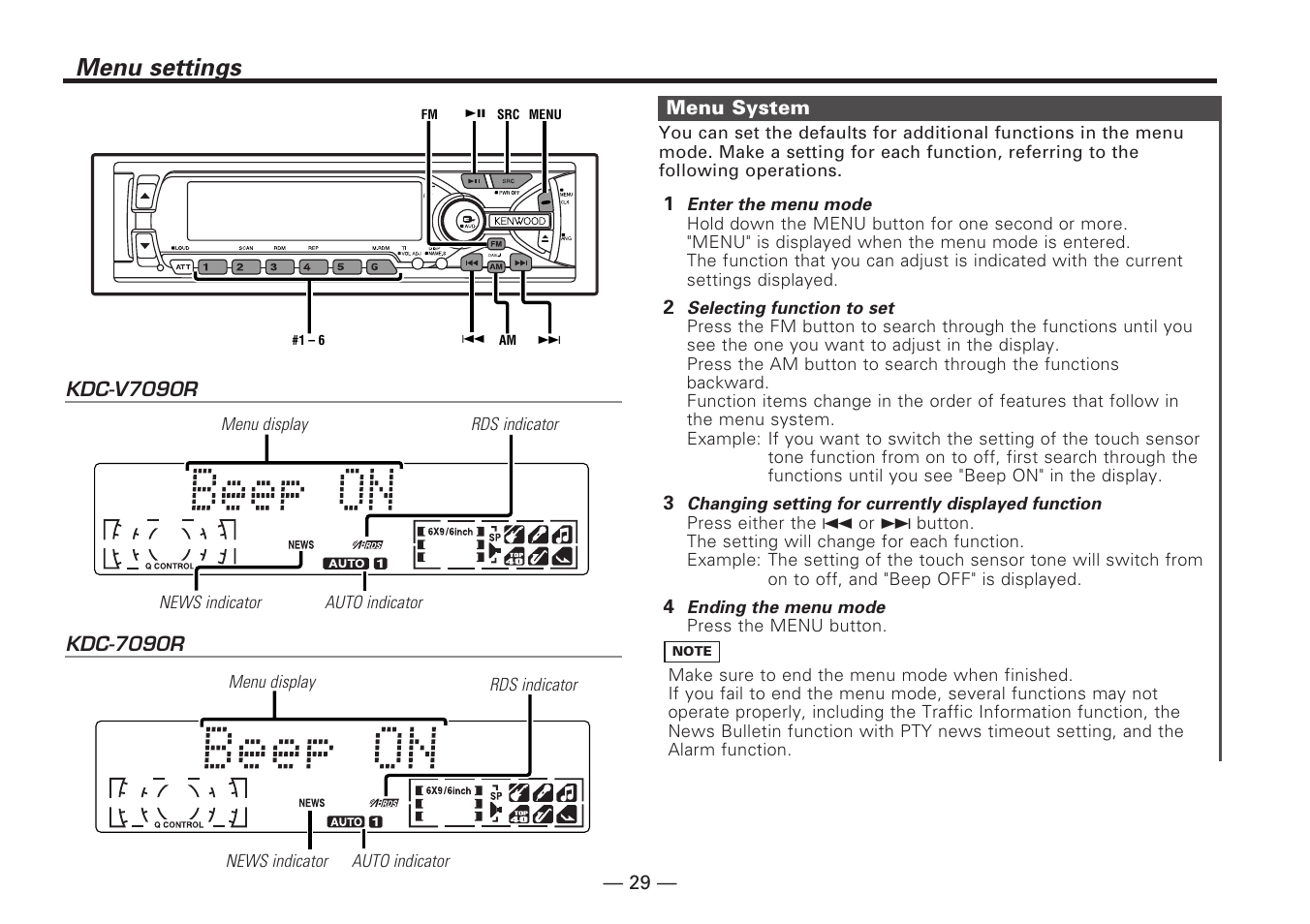 Menu settings, Menu system | Kenwood KDC-V7090R EN User Manual | Page 29 / 48