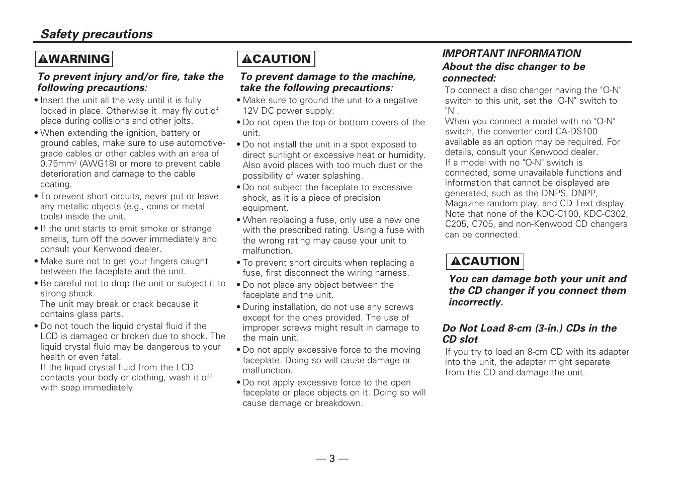 Safety precautions, 2 warning, 2 caution | Kenwood KDC-V7090R EN User Manual | Page 3 / 48