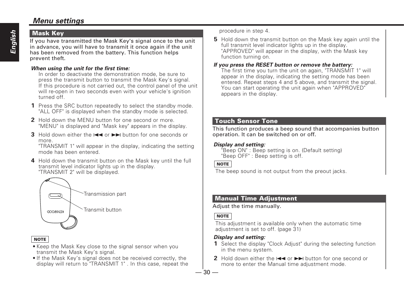Mask key, Touch sensor tone, Manual time adjustment | Menu settings | Kenwood KDC-V7090R EN User Manual | Page 30 / 48