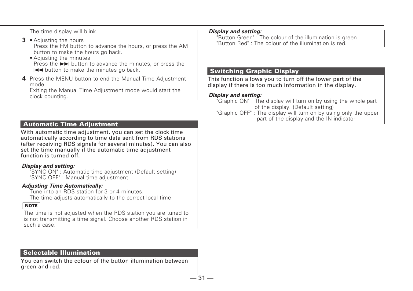 Automatic time adjustment, Selectable illumination, Switching graphic display | Kenwood KDC-V7090R EN User Manual | Page 31 / 48