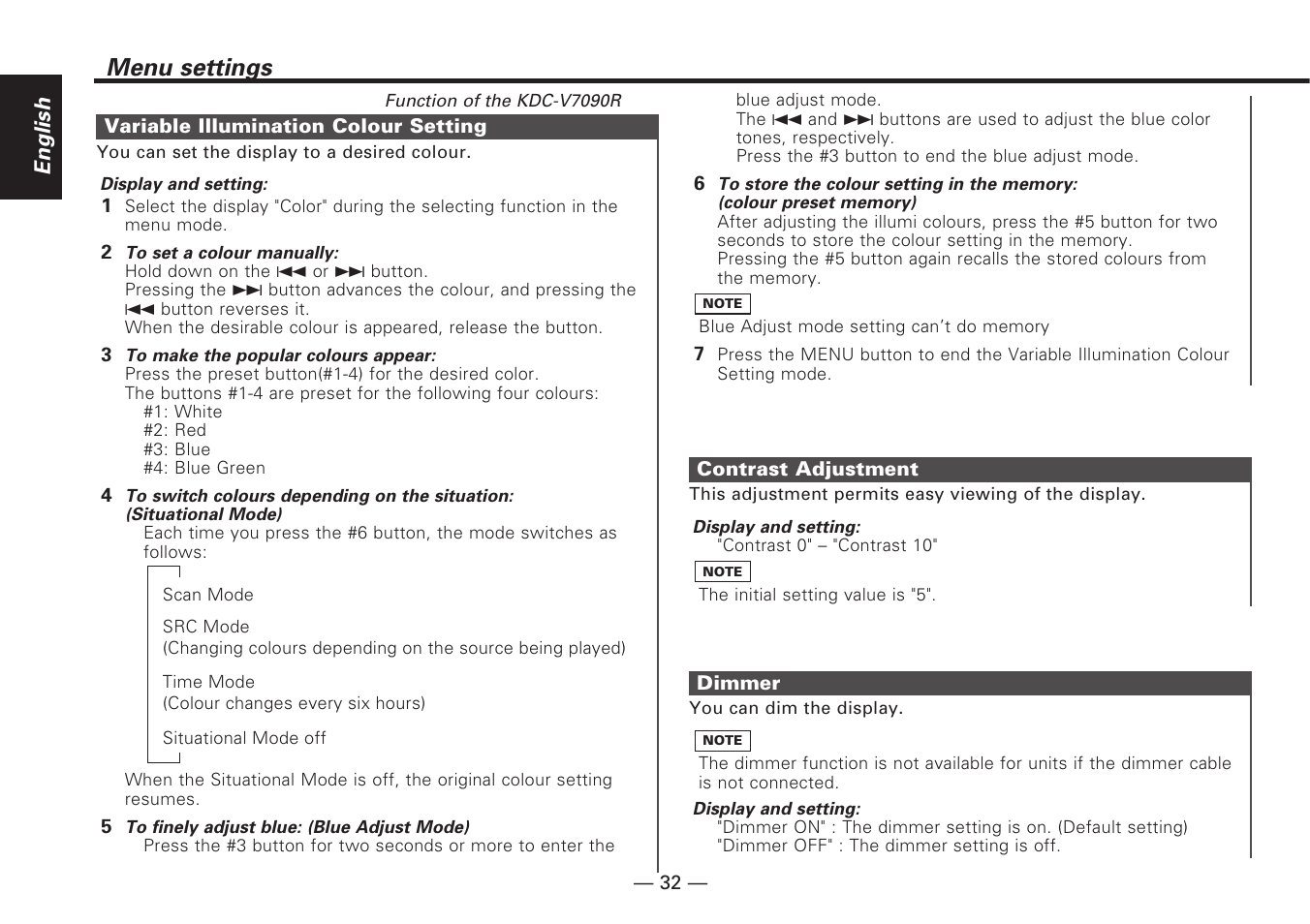 Variable illumination colour setting, Contrast adjustment, Dimmer | Menu settings, English | Kenwood KDC-V7090R EN User Manual | Page 32 / 48