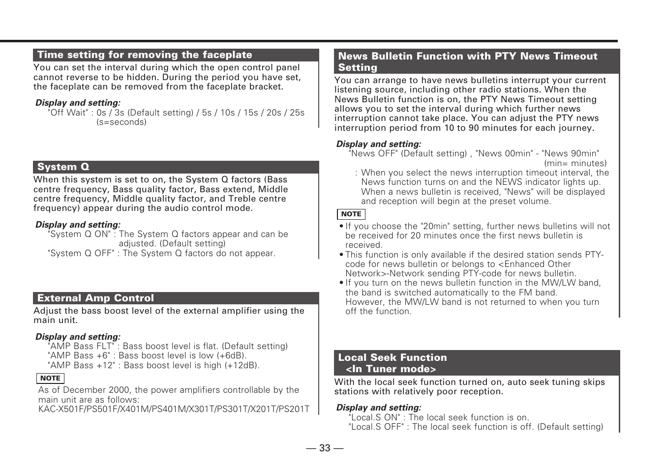 Time setting for removing the faceplate, System q, External amp control | Local seek function<in tuner mode | Kenwood KDC-V7090R EN User Manual | Page 33 / 48