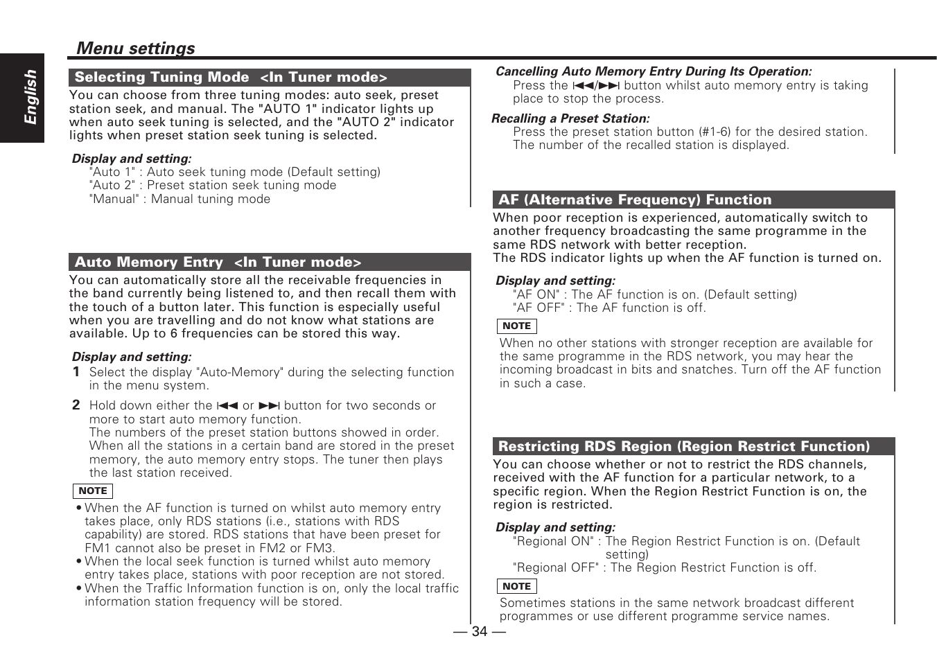 Selecting tuning mode <in tuner mode, Auto memory entry <in tuner mode, Af (alternative frequency) function | Restricting rds region (region restrict function), Menu settings, English | Kenwood KDC-V7090R EN User Manual | Page 34 / 48