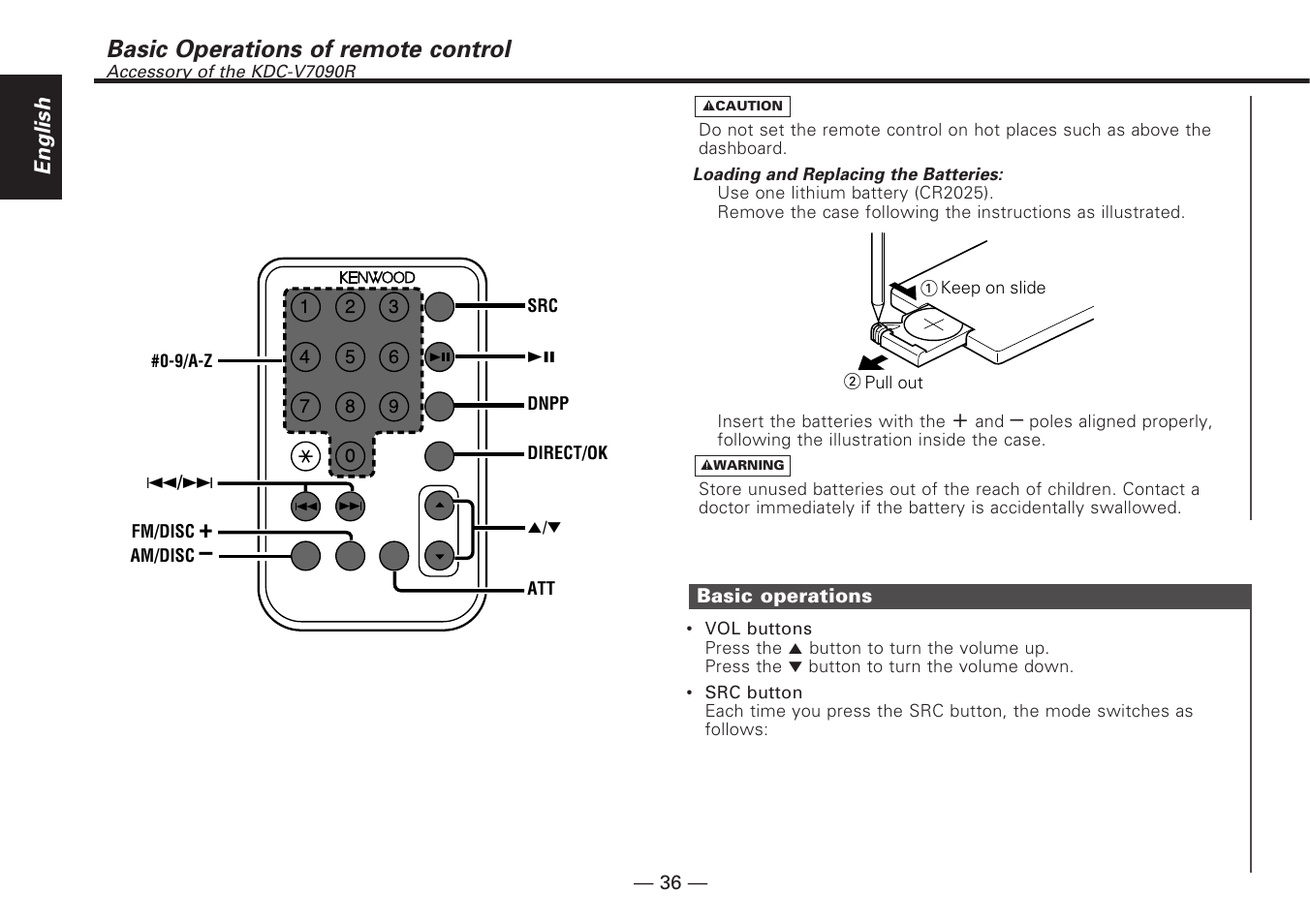 Basic operations, Basic operations of remote control, English | Kenwood KDC-V7090R EN User Manual | Page 36 / 48