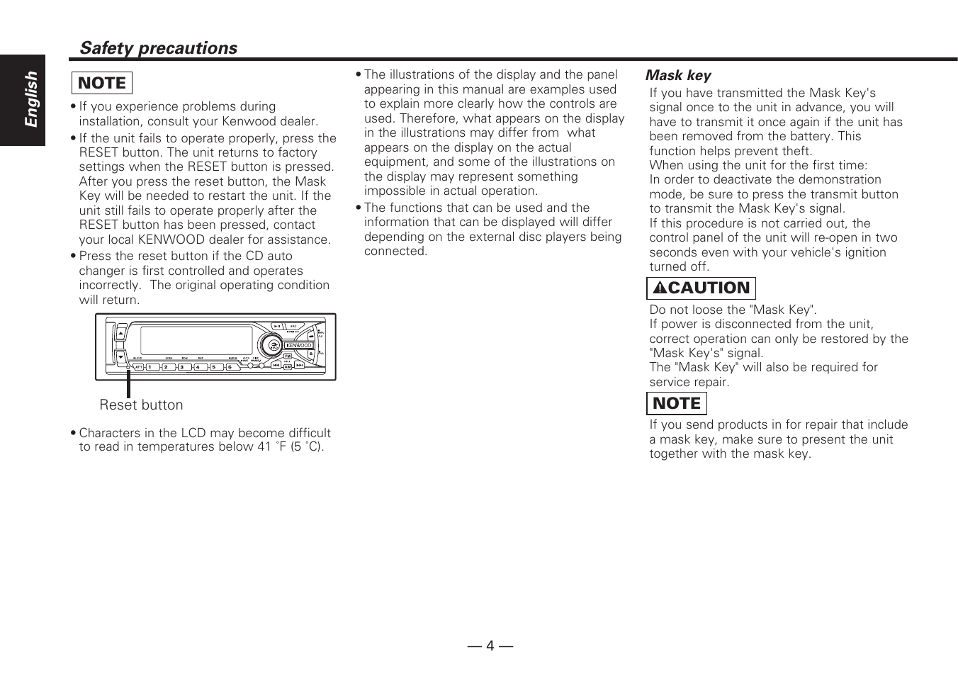 Safety precautions | Kenwood KDC-V7090R EN User Manual | Page 4 / 48