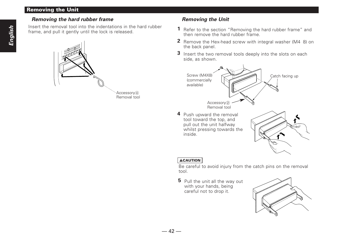 Removing the hard rubber frame, Removing the unit | Kenwood KDC-V7090R EN User Manual | Page 42 / 48