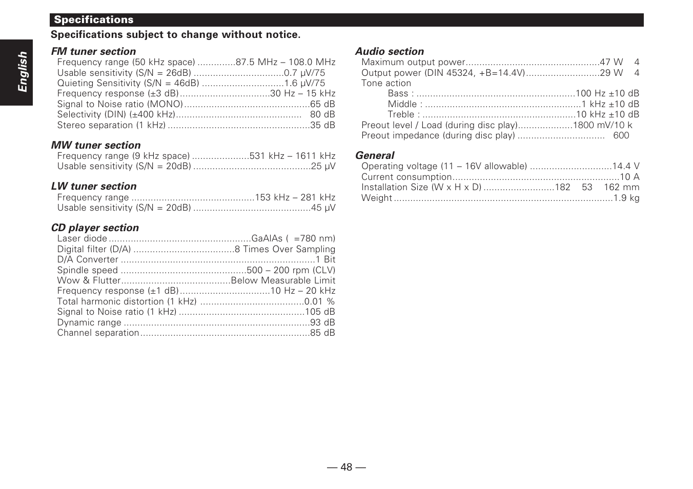 Specifications, English | Kenwood KDC-V7090R EN User Manual | Page 48 / 48