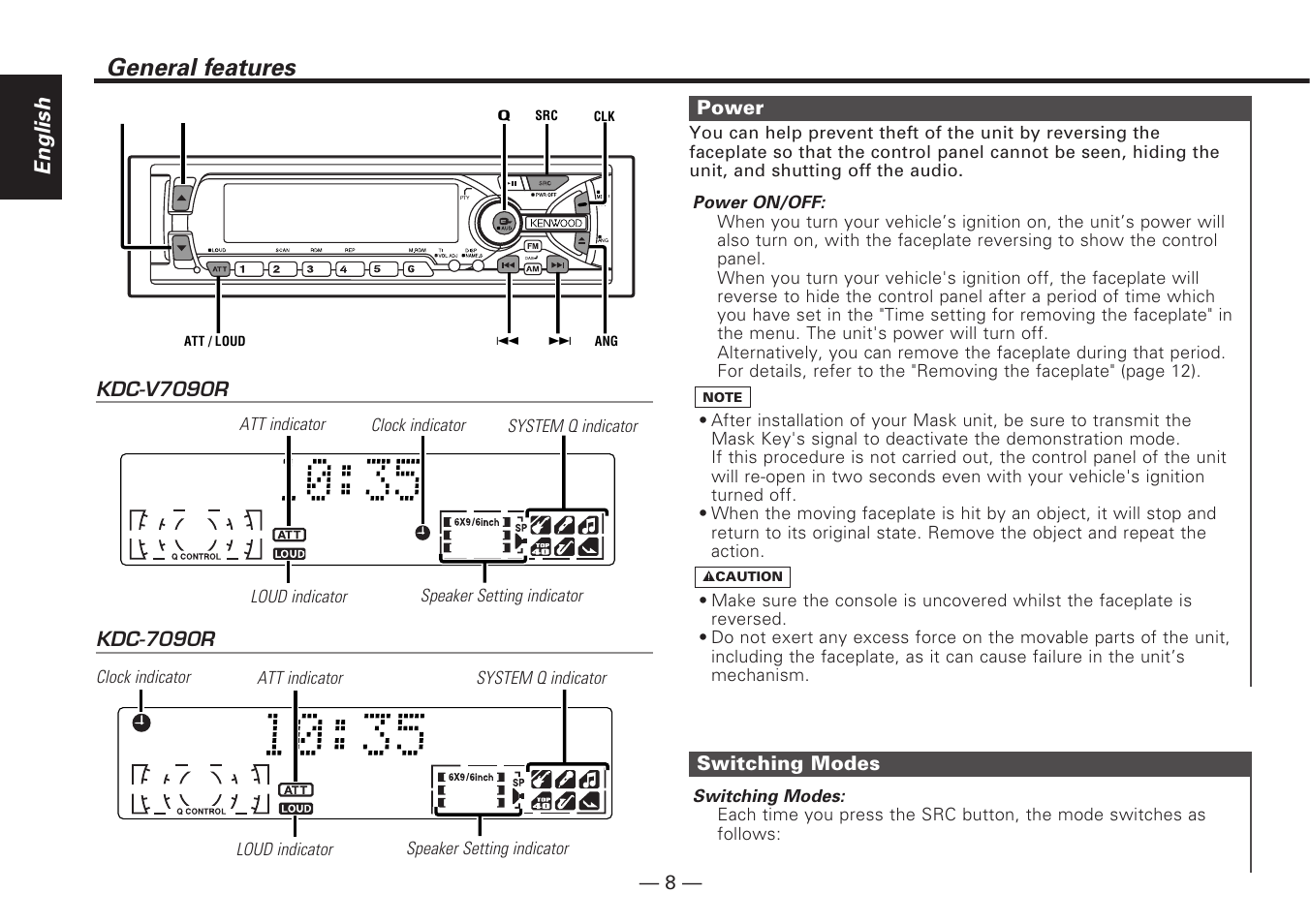 General features, Power, Switching modes | English | Kenwood KDC-V7090R EN User Manual | Page 8 / 48