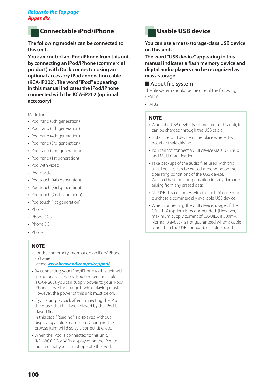 Connectable ipod/iphone, Usable usb device | Kenwood DNX6040EX User Manual | Page 101 / 111