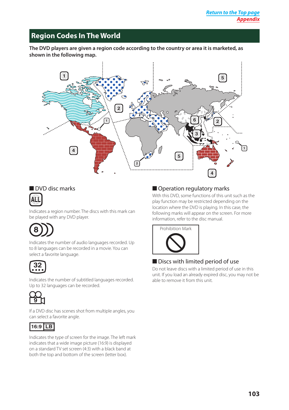 Region codes in the world (p.103), Region codes in the world | Kenwood DNX6040EX User Manual | Page 104 / 111