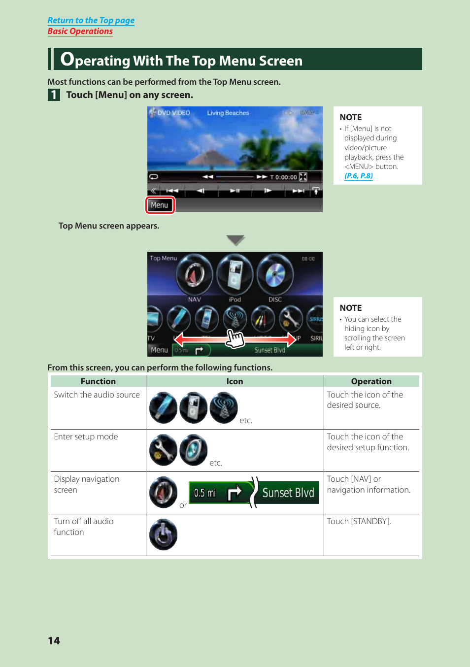 Perating with the top menu screen | Kenwood DNX6040EX User Manual | Page 15 / 111