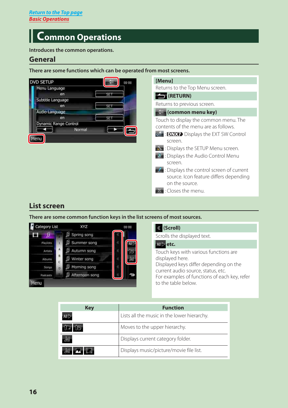 Ommon operations, General, List screen | Kenwood DNX6040EX User Manual | Page 17 / 111