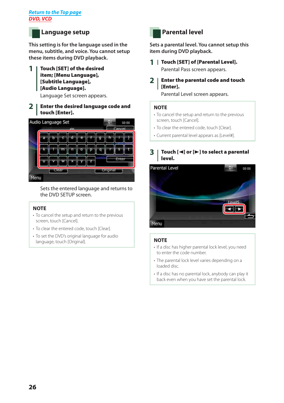 Language setup, Parental level | Kenwood DNX6040EX User Manual | Page 27 / 111