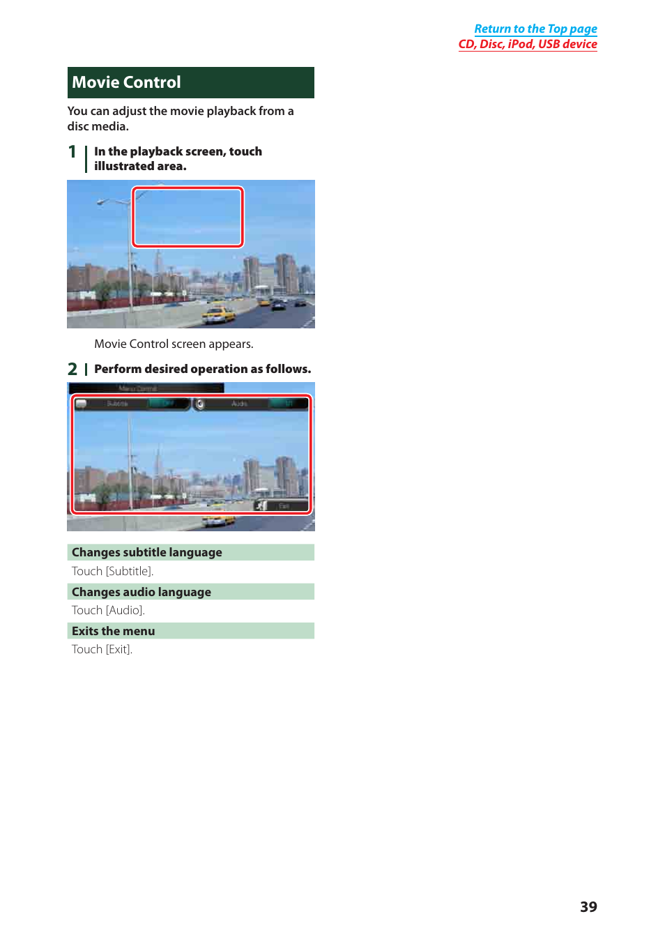 Movie control (p.39), Movie control | Kenwood DNX6040EX User Manual | Page 40 / 111