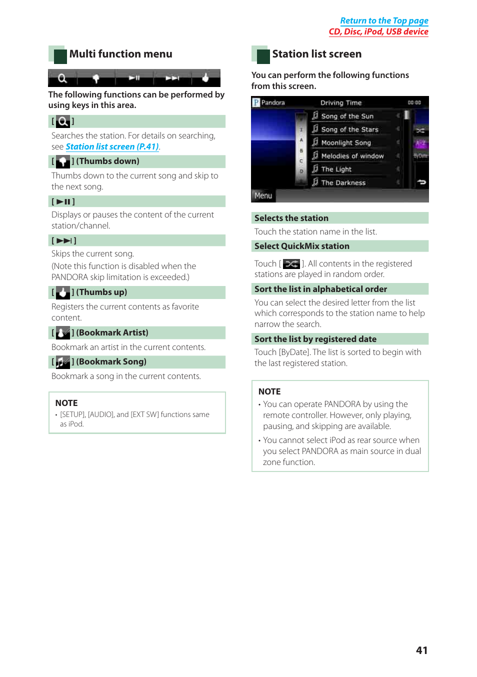 Multi function menu (p.41), Multi, Function menu (p.41) | Multi function menu, Station list screen | Kenwood DNX6040EX User Manual | Page 42 / 111