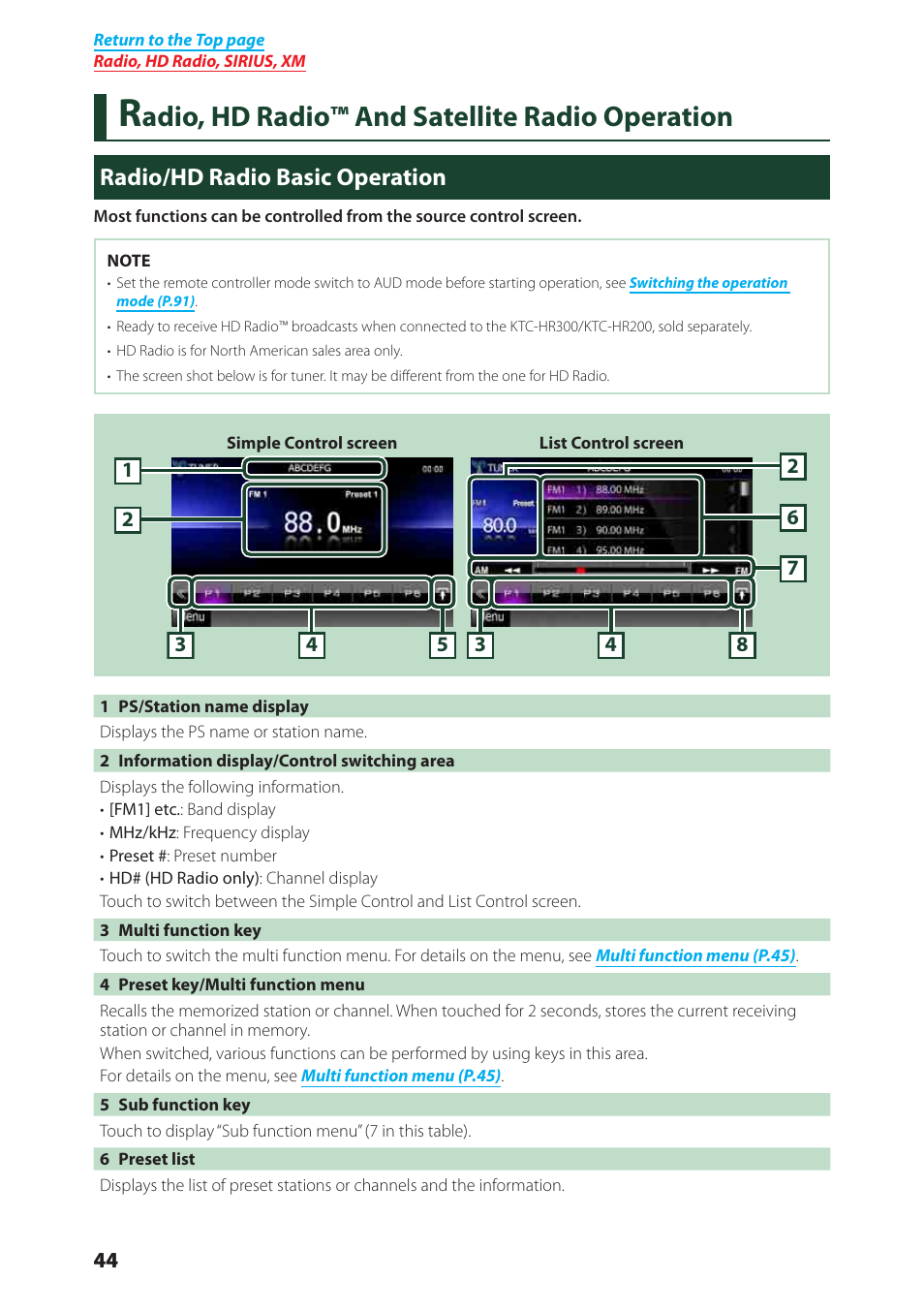 Adio, hd radio™ and satellite radio operation, Radio/hd radio basic operation | Kenwood DNX6040EX User Manual | Page 45 / 111