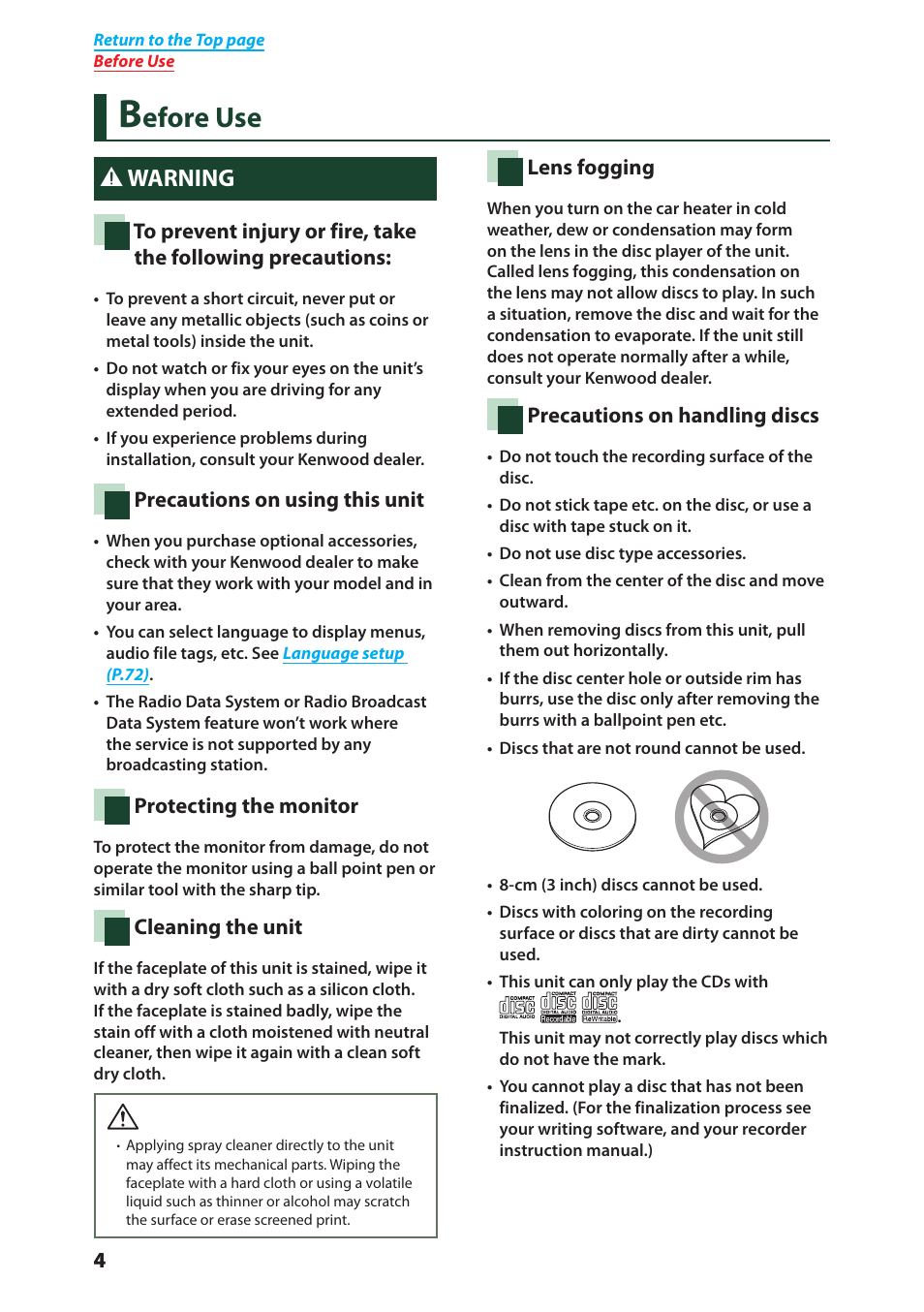 Efore use, 2warning | Kenwood DNX6040EX User Manual | Page 5 / 111