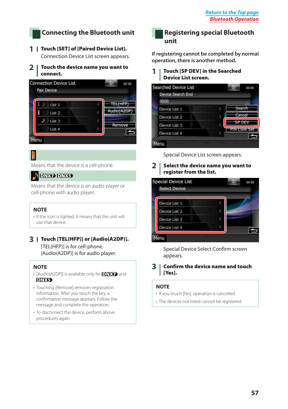 Connecting the bluetooth, Unit (p.57), Registering special bluetooth unit | P.57), Registering special, Bluetooth unit (p.57) | Kenwood DNX6040EX User Manual | Page 58 / 111