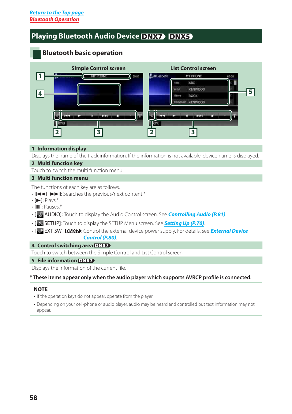 Playing bluetooth audio device | Kenwood DNX6040EX User Manual | Page 59 / 111