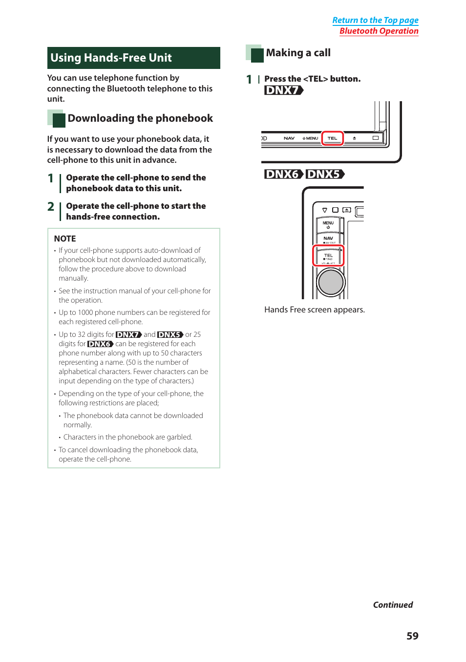 Using hands-free unit, Downloading the phonebook, Making a call | Kenwood DNX6040EX User Manual | Page 60 / 111