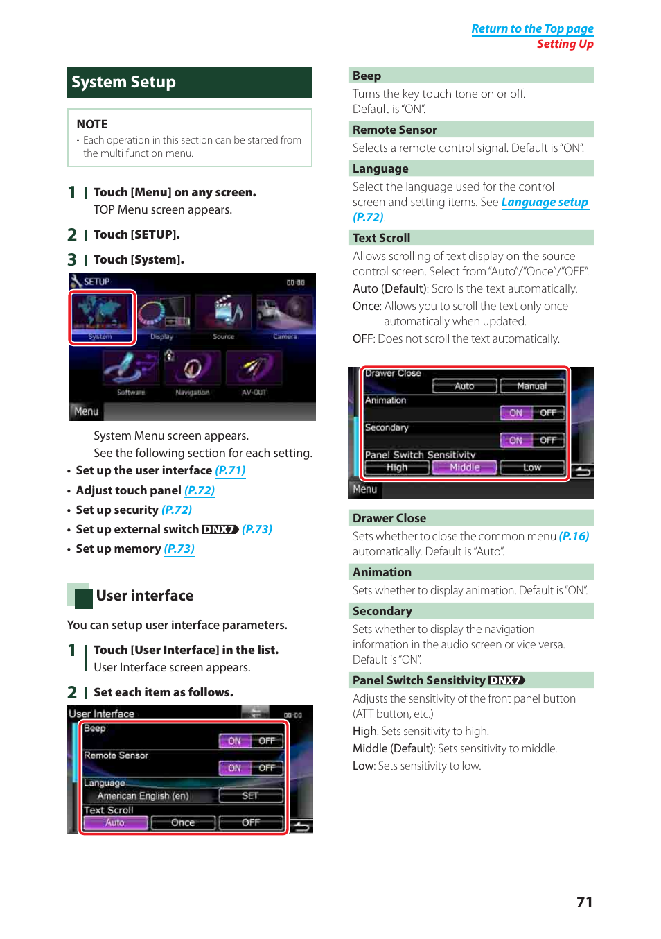 P.71), System setup | Kenwood DNX6040EX User Manual | Page 72 / 111