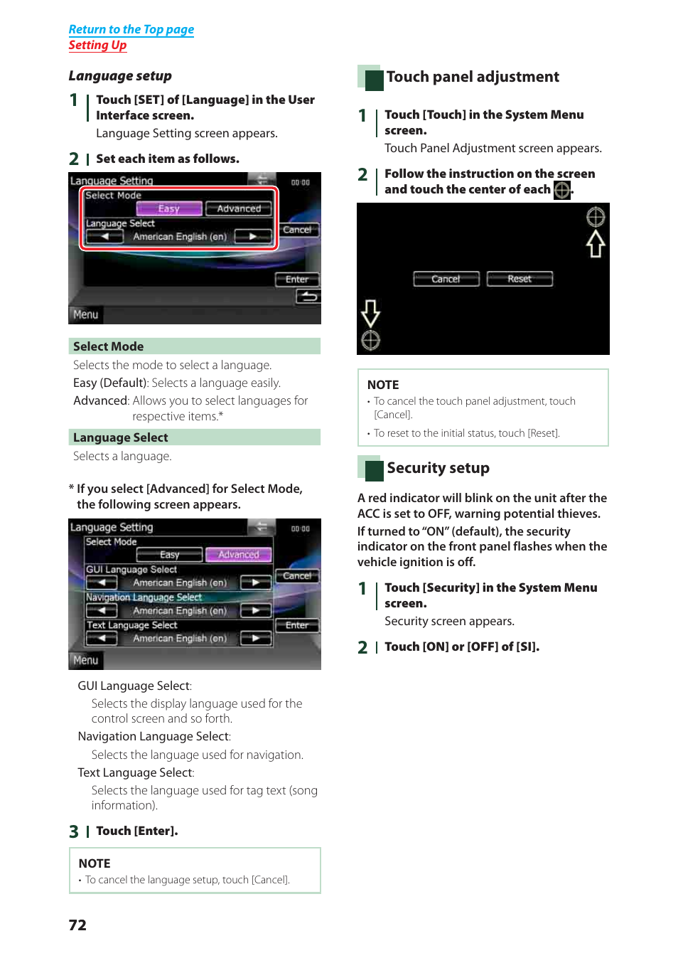 Nition is off, P.72), Language setup (p.72) | Language setup | Kenwood DNX6040EX User Manual | Page 73 / 111