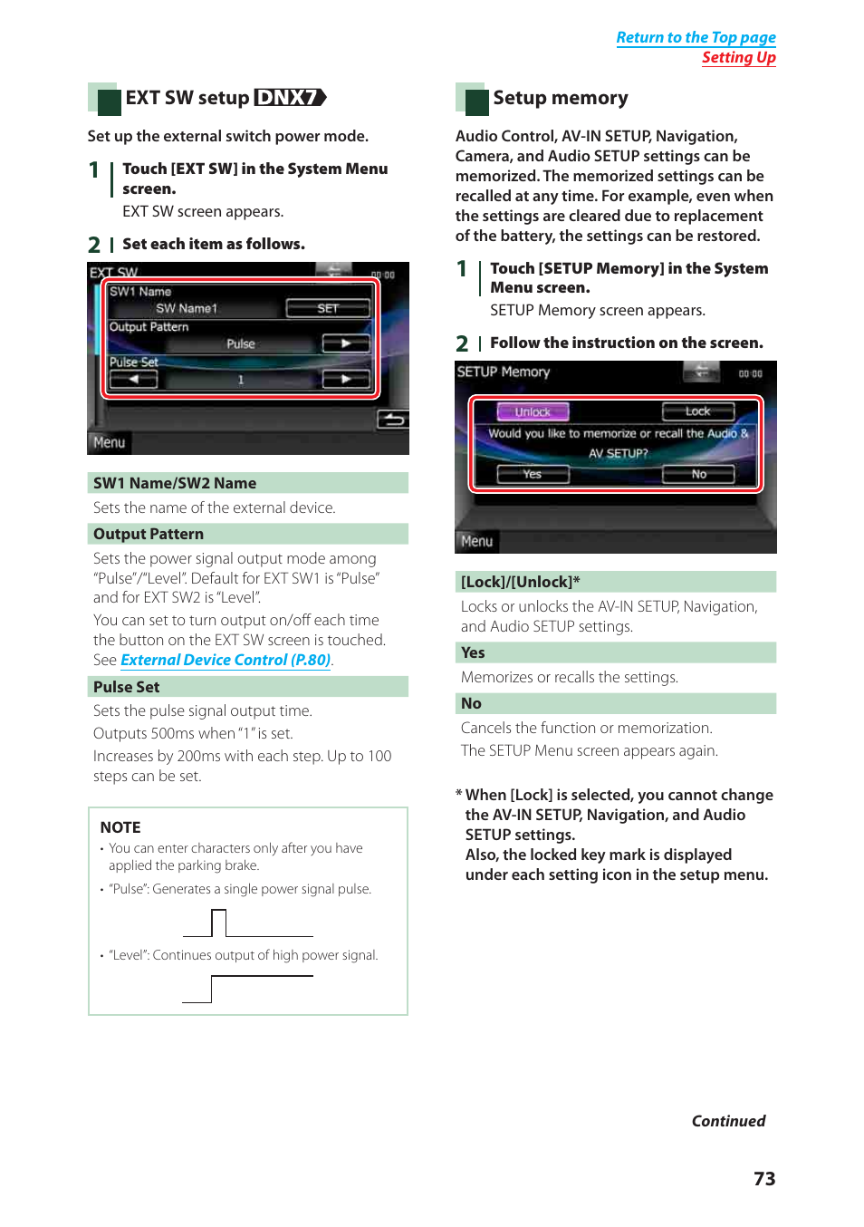 Ext sw setup (p.73), P.73) | Kenwood DNX6040EX User Manual | Page 74 / 111