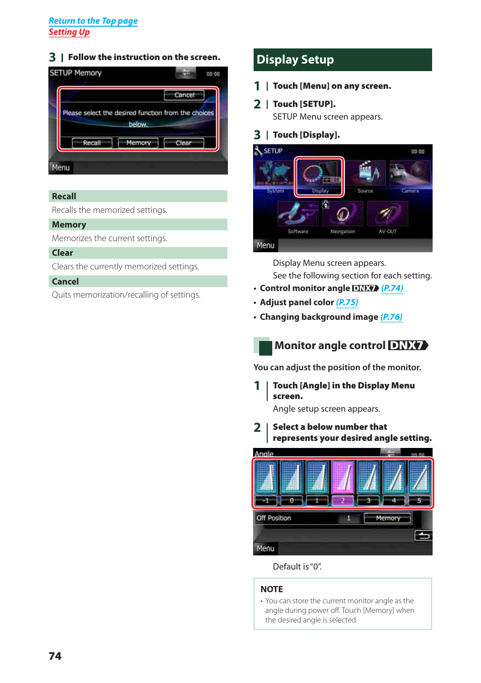 Monitor angle control (p.74), Display setup | Kenwood DNX6040EX User Manual | Page 75 / 111