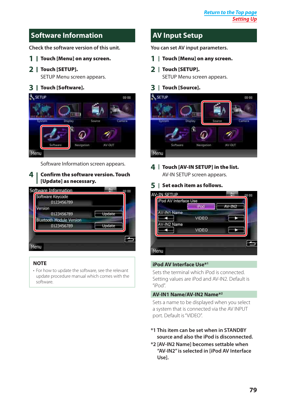 Software information, Av input setup | Kenwood DNX6040EX User Manual | Page 80 / 111