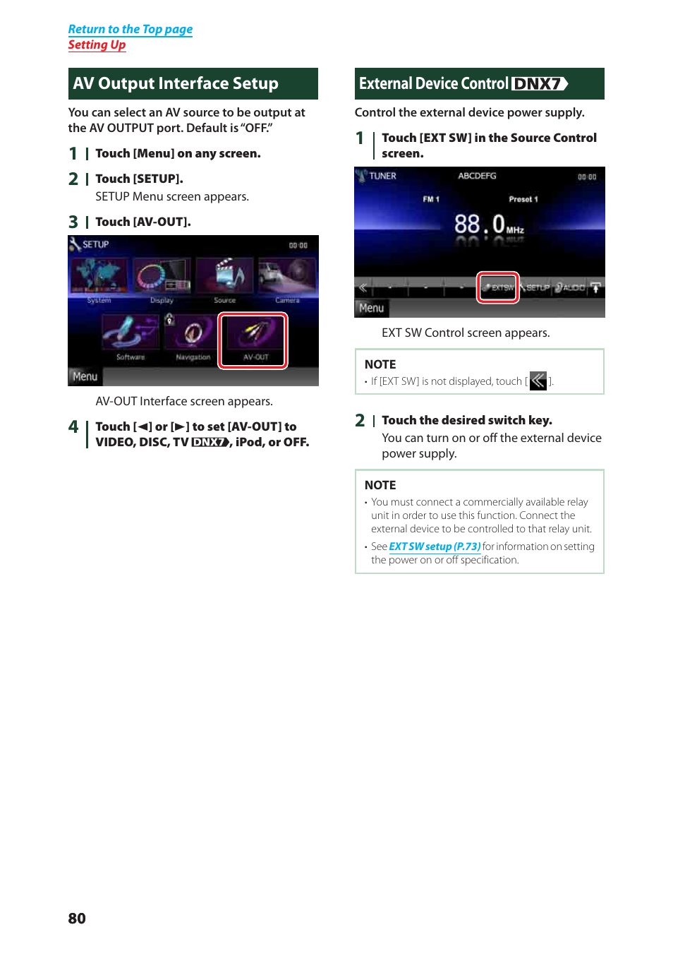 External device control (p.80), External device, Control (p.80) | Av output interface setup, External device control | Kenwood DNX6040EX User Manual | Page 81 / 111