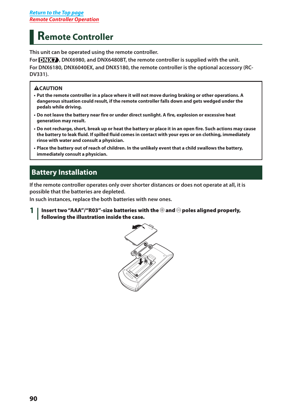 Emote controller, Battery installation | Kenwood DNX6040EX User Manual | Page 91 / 111